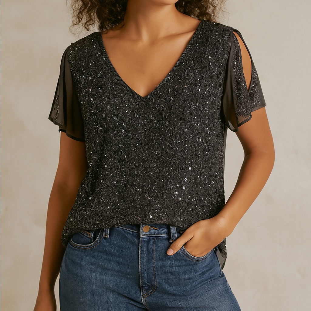 Sundance Grey Sheer Sequin & Beaded Blouse Nwot